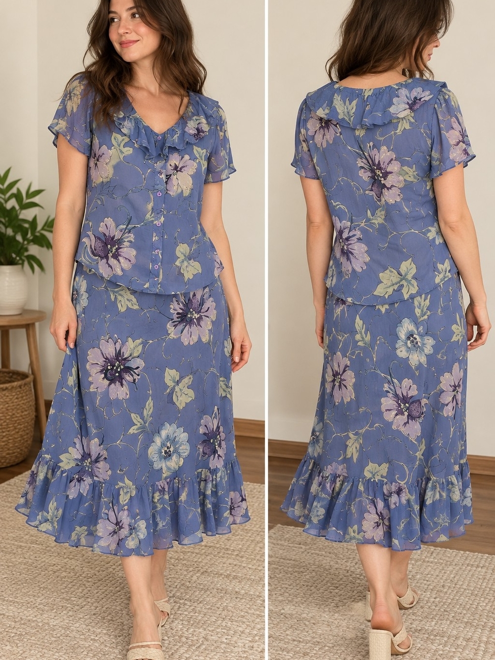 Vintage Phool Blue Floral 2 Piece Blouse Skirt Set Ruffle Cottagecore M